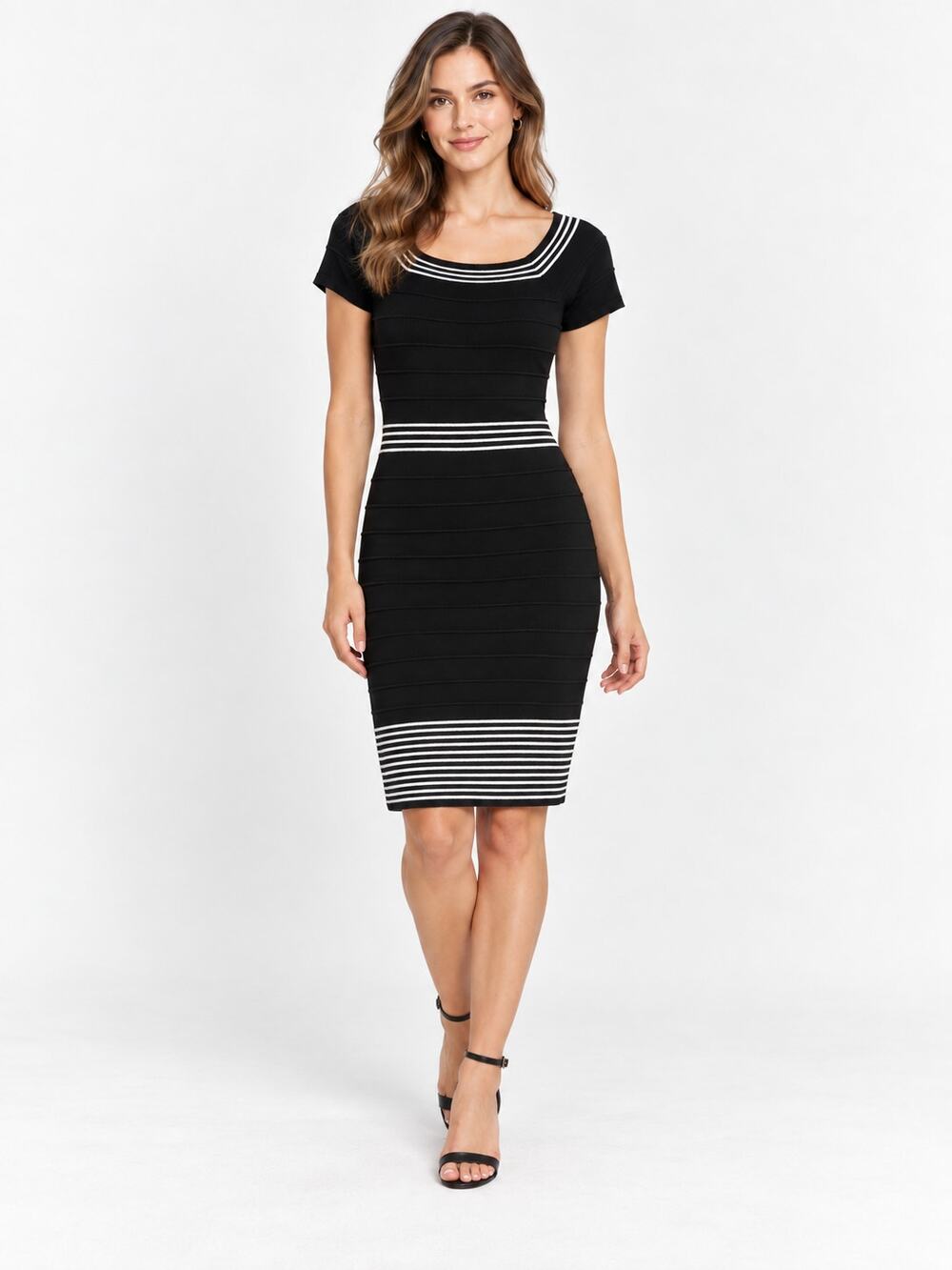 Max Studio Dress Women M Black White Stripe Knit Sheath Short Sleeve